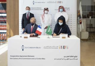 (L-R) Mr. Ludovic Pouille, Ambassador of the Republic of France to the Kingdom of Saudi Arabia; Mr. André Cointreau, President of Le Cordon Bleu; His Excellency Hamed Fayez, Deputy Minister of Culture, Vice Chairman of the Culinary Arts Commission; Ms. Mayada Badr, CEO of the Culinary Arts Commission; and His Excellency Rakan Al Touq, General Supervisor of Cultural Affairs and International Relations.